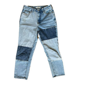 PACSUN COLOR BLOCK CONTRAST PATCHWORK HIGH WAISTED DENIM BLUE MOM JEANS SZ 25